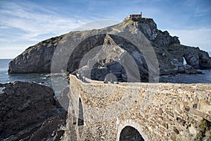 Staircase of the hermitage of San Juan de Gaztelugatxe located on an islet in Bermeo, Biscay, Basque Country, Spain