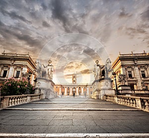 The staircase leading to the Piazza del Campidoglio at dawn, Capitoline hill, Rome, Italy Europe.