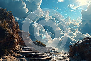 Staircase leading to the sky with clouds