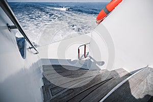 A staircase on a luxury safari boat