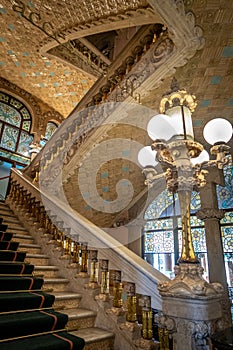 Staircase of the Palau de la Musica Catalana by Lluis Domenech i Montaner. Barcelona, Catalonia.