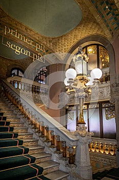 Staircase of the Palau de la Musica Catalana by Lluis Domenech i Montaner. Barcelona, Catalonia.