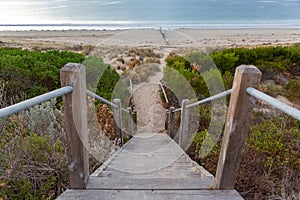 A staircase and path on to the beach at Victor Harbour near the groynes o the Fleurieu Peninsula South AUstralia on 3rd April 2019