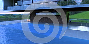 Staircase in the pool under water. Covered terrace. The floor finishes are square ceramic tiles. The terrace is fenced with glass