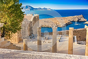 Staircase of the Propylaea and Church of St. John on the Acropolis of Lindos (Rhodes, Greece)