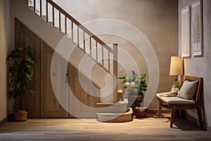 Staircase in spacious hallway. Interior design of modern rustic entrance hall with door in farmhouse