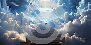 Staircase to heaven: a solitary man ascends, his steps mirroring a pursuit of lofty goals and inner strength. Generative