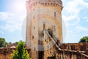 Staircase to medieval stronghold castle tower in Blandy chateau