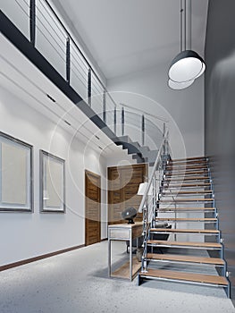 Staircase to the second floor in a modern apartment with metal railings and wooden steps with large pendant lamps, black and white
