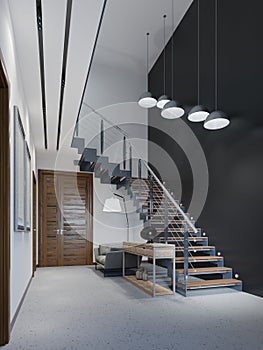 Staircase to the second floor in a modern apartment with metal railings and wooden steps with large pendant lamps, black and white