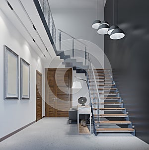 Staircase to the second floor in a modern apartment with metal railings and wooden steps with large pendant lamps, black and white