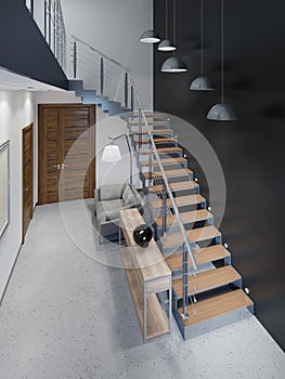 Staircase to the second floor in a modern apartment with metal railings and wooden steps with large pendant lamps, black and white