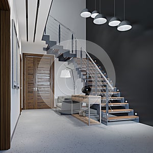 Staircase to the second floor in a modern apartment with metal railings and wooden steps with large pendant lamps, black and white