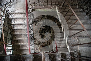 Stairs in the abandoned ruined building located in the Chernobyl ghost town