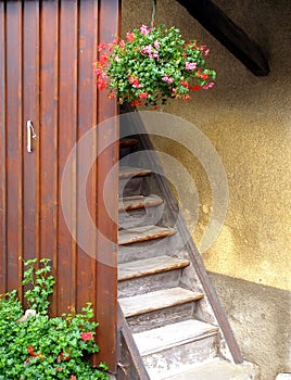 Stairs in alpin house with flower pots