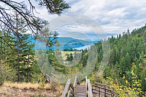 Stairs ascending Shorts Creek Gorge with panoramic view of forested hills and Okanagan Lake