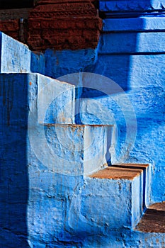 Stairs of blue painted house in Jodhpur, also known as `Blue Cit