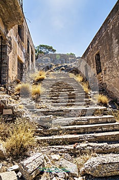 Stairs and buildings in the Spinalonga island of Crete in Greece
