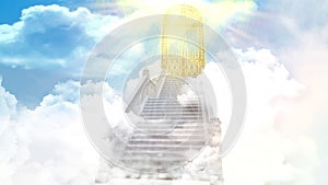 stairs through the clouds to heaven's beautiful golden gate.rendering 3D