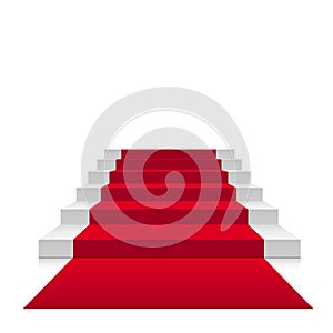 Stairs 3d with red carpet. Vector scarlet staircase for celebrity or stairway up to success isolated on white background