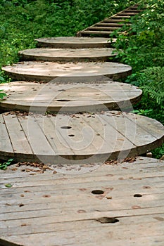 Stairs for descent to the sea, wooden staircase with railing on the slope