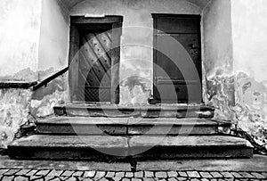 Stairs and the doors to the sacristy of the church