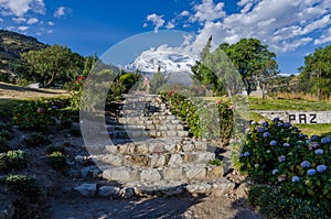stairs between flowers that overlook church with snowy mountain in the background