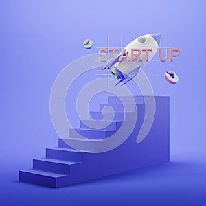 Stairs and flying rocket with pie chart, business achievement