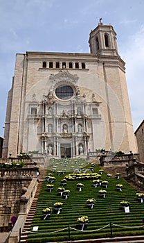 The stairs of Girona cathedral during annual Flower Festival (Temps de Flors), Girona, Spain