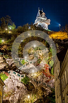 Stairs at Grazer Schlossberg leading up to famous clock tower, Graz, Styria, Austria photo
