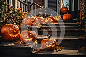 Stairs of house is decorated with pumpkins, Halloween decorations