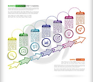 Stairs infographic design template with 7 multi colored successively connected circular elements with icons, and text boxes.