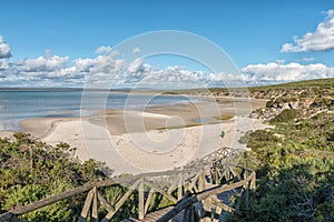 Stairs leading down to the Preekstel pulpit beach at the Langebaan Lagoon on the Atlantic Ocean coast in the Western Cape