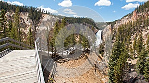 Stairs leading down to view of the Lower Falls in the Grand Canyon of the Yellowstone River in Yellowstone National Park in USA