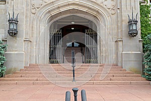 Stairs leading to arched building entrance