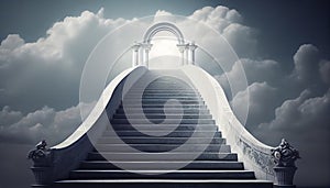 Stairs Leading To Cross Of Light At End Of Tunnel Of Clouds