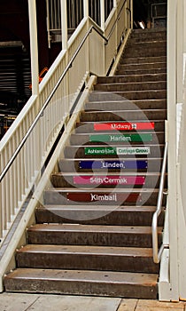 Stairs leading to elevated `el` train tracks at Wabash and Washington in Chicago Loop. photo