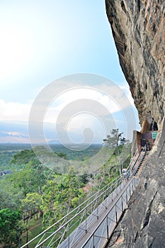 The stairs leading to the frescoes. Sigiriya Rock. Sri Lanka