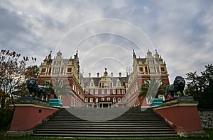 Stairs leading to the New Castle in the park Muskauer