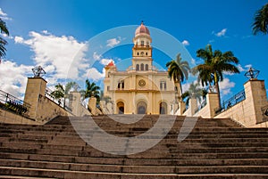 Stairs leading to the temple Basilica Virgen de la Caridad. Roman Catholic minor Catholic cathedral dedicated to the Blessed Virgi
