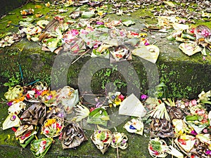 Stairs leading to a temple filled with colorful Balinese offerings