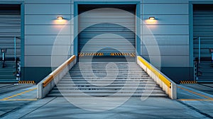 Stairs leading up to a industrial warehouse with cosed gates