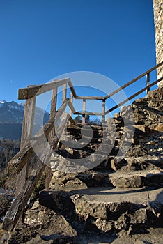 Stairs leading up to the ruin in Wartau in Switzerland 10.1.2021