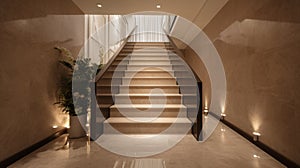 Stairs in the lobby of a modern office building. Hallway with emperador tiles concept. Luxury and prestige.