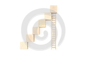 Stairs made of toy wooden blocks and a long wooden ladder isolated on white background. Career building concept