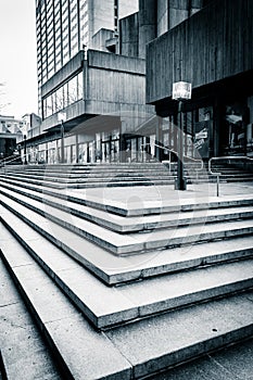 Stairs and modern architecture at Hopkins Plaza in Baltimore, Ma