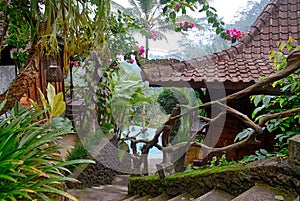 Stairs from the old tropical balcony of the forest Bali villa down to the pool with clear water