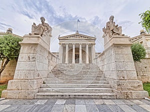 Stairs between Plato and Socrates, the ancient Greek philosophers statues in front of the national academy of Athens.