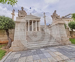 Stairs between Plato and Socrates, the ancient Greek philosophers statues in front of the national academy of Athens.