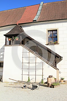 Stairs and plow on castle in Jindrichuv Hradec